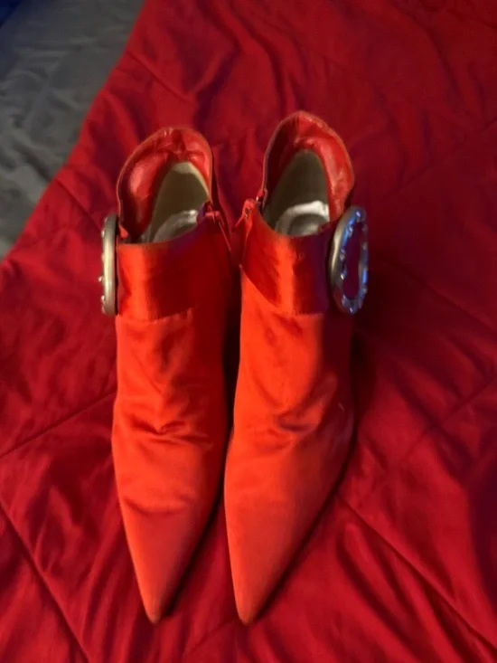 Red Satin Pointed Toe Heeled Mules with Decorative Buckle - Picture 4 of 6